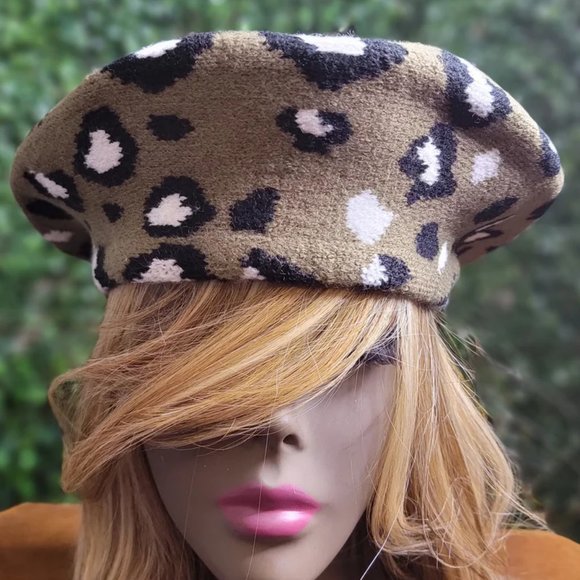Godfidence Glam Fashion Accessories - OLIVE GREEN AND WHITE LEOPARD PRINT BERET
